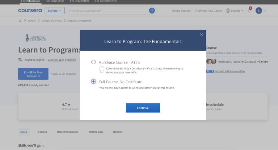 This coding fundamentals class is free on Coursera, but you can pay an optional $75 for a certificate upon completion.